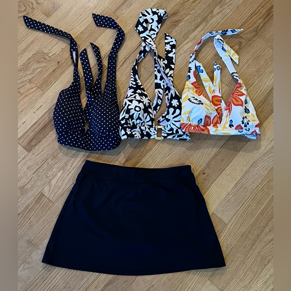 Lands' End Bundle: 3 Halter Tie Bikini Tops & 1 Swim Skirt w/ attached Panty (6)